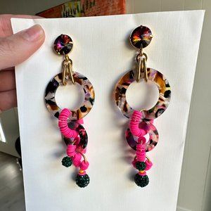 Elizabeth Cole Multicolor Tortoise and Hot Pink Statement Chandelier Earrings
